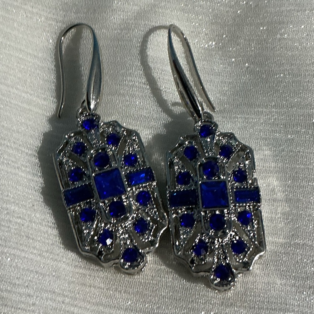 💙Sapphire Blue Antique Style Art Deco Silver Drop Earrings